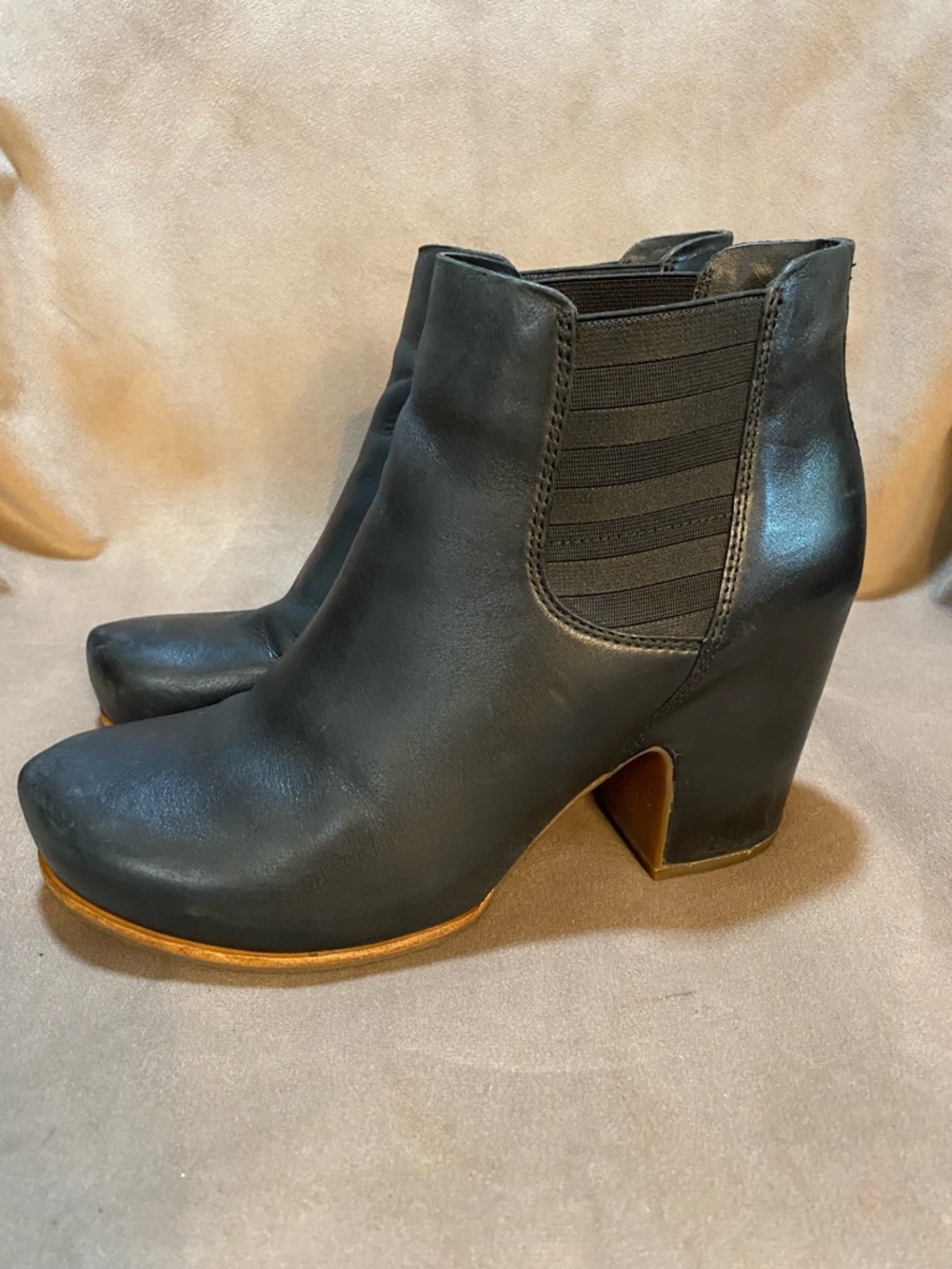 Kork-Ease Black Leather Shirome Ankle Boots with Leather Covered Block Heel